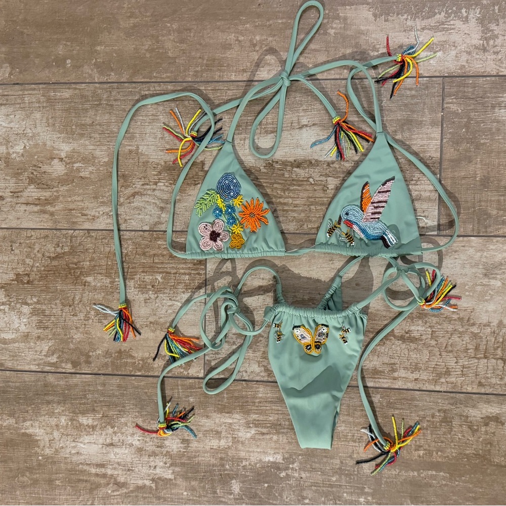 Embroidered Green Bikini Set